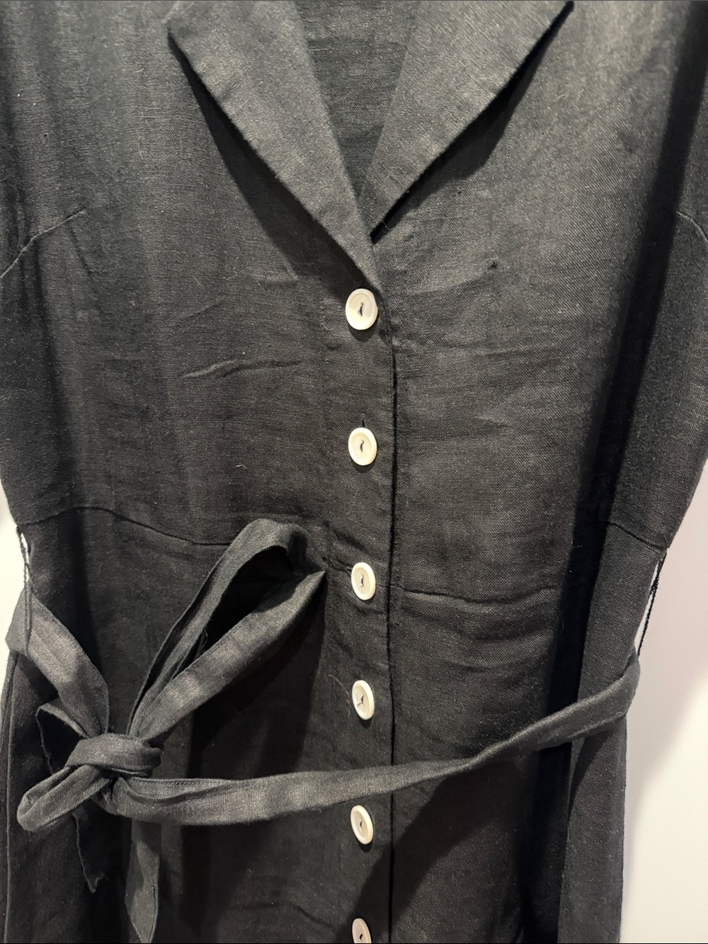 Quince Black Midi Button-Front Linen Dress with Waist Tie - Picture 4 of 8